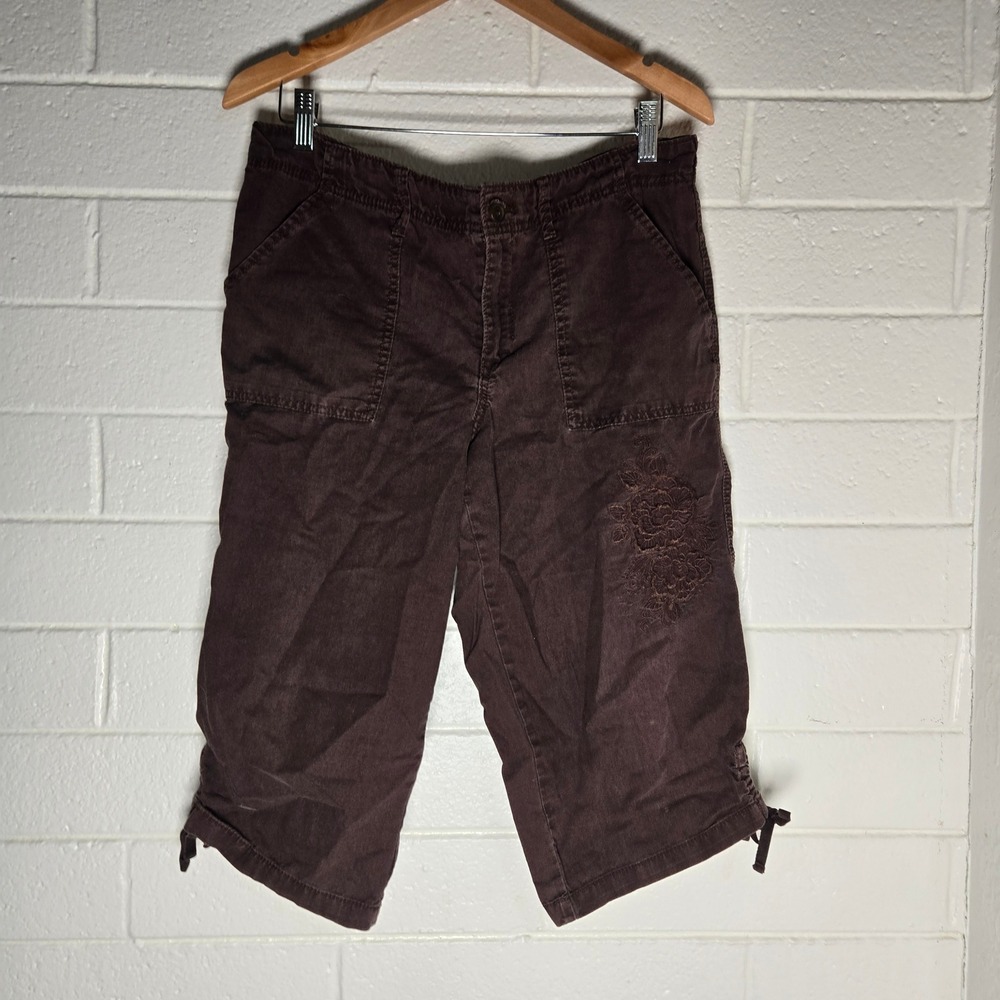 Vtg Faded Glory Capris 12 Brown Linen Blend Embroidered Floral Ruched Y2K Boho